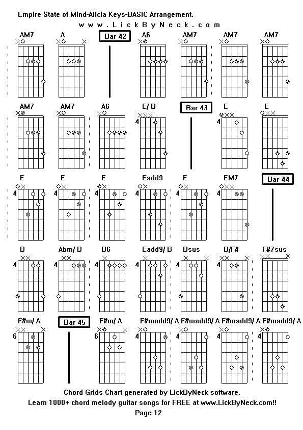 Chord Grids Chart of chord melody fingerstyle guitar song-Empire State of Mind-Alicia Keys-BASIC Arrangement,generated by LickByNeck software.